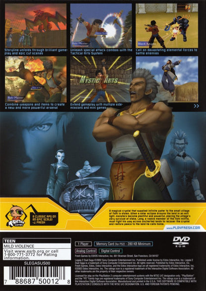 Legaia 2 Duel Saga PlayStation 2 PS2 for retro video game enthusiasts featuring fantasy role playing gameplay turn based combat mechanics character progression epic world exploration story driven adventure magical abilities and collectible gaming appeal back cover