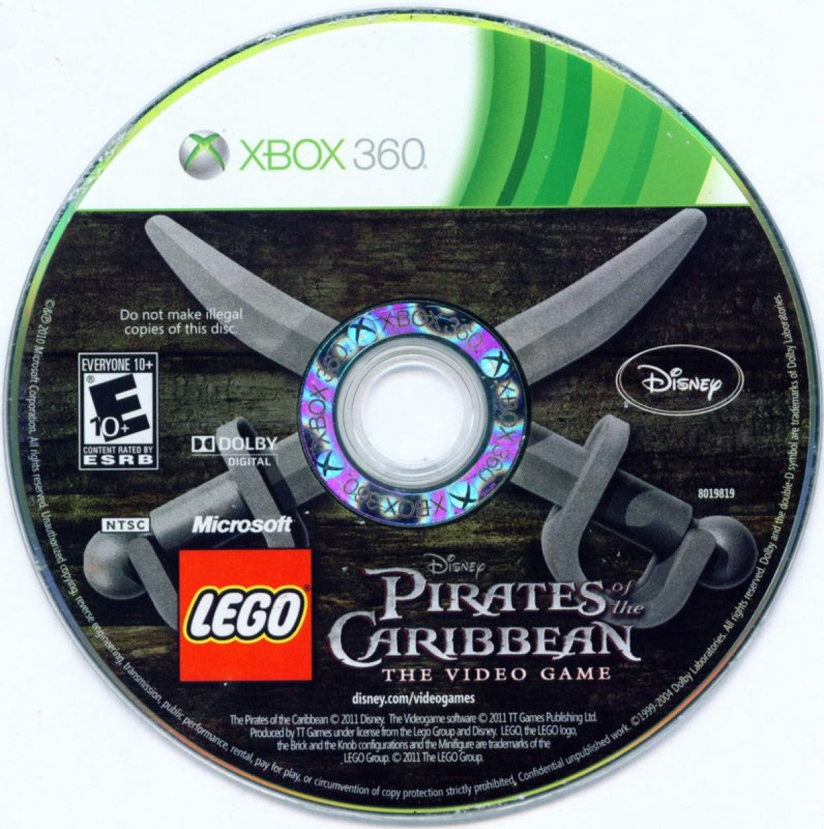 LEGO Pirates of the Caribbean Xbox 360 action-adventure video game featuring brick-based humorous retellings of the first four Pirates of the Caribbean films, cooperative gameplay, character unlocks, ship battles, puzzle solving, and family-friendly exploration built with LEGO’s signature charm and humor. disc