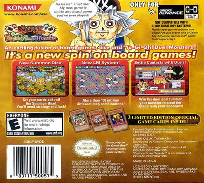 Yu-Gi-Oh! Destiny Board Traveler Game Boy Advance GBA for collectible card strategy video game fans featuring Yu-Gi-Oh! dueling gameplay monster cards spell and trap cards strategic board movement Destiny Board mechanics anime inspired characters challenging opponents and portable Nintendo GBA gaming collectible appeal back cover art