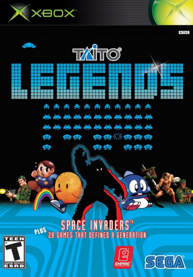 Taito Legends for Xbox featuring a classic arcade compilation with iconic titles like Space Invaders Bubble Bobble and Rastan retro gameplay multiple arcade hits on one disc and nostalgic multiplayer fun for fans of vintage gaming cover art