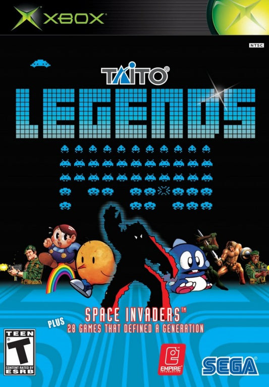 Taito Legends for Xbox featuring a classic arcade compilation with iconic titles like Space Invaders Bubble Bobble and Rastan retro gameplay multiple arcade hits on one disc and nostalgic multiplayer fun for fans of vintage gaming cover art