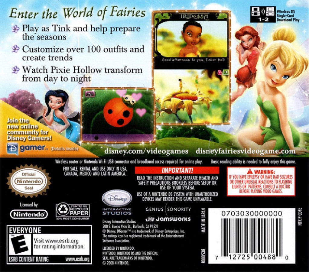 Disney Fairies Tinker Bell Nintendo DS back of case for retro video game featuring magical fairy adventures, Tinker Bell and Pixie Hollow characters, creative activities, exploration gameplay, enchanting fantasy environments, and family friendly handheld entertainment on Nintendo DS