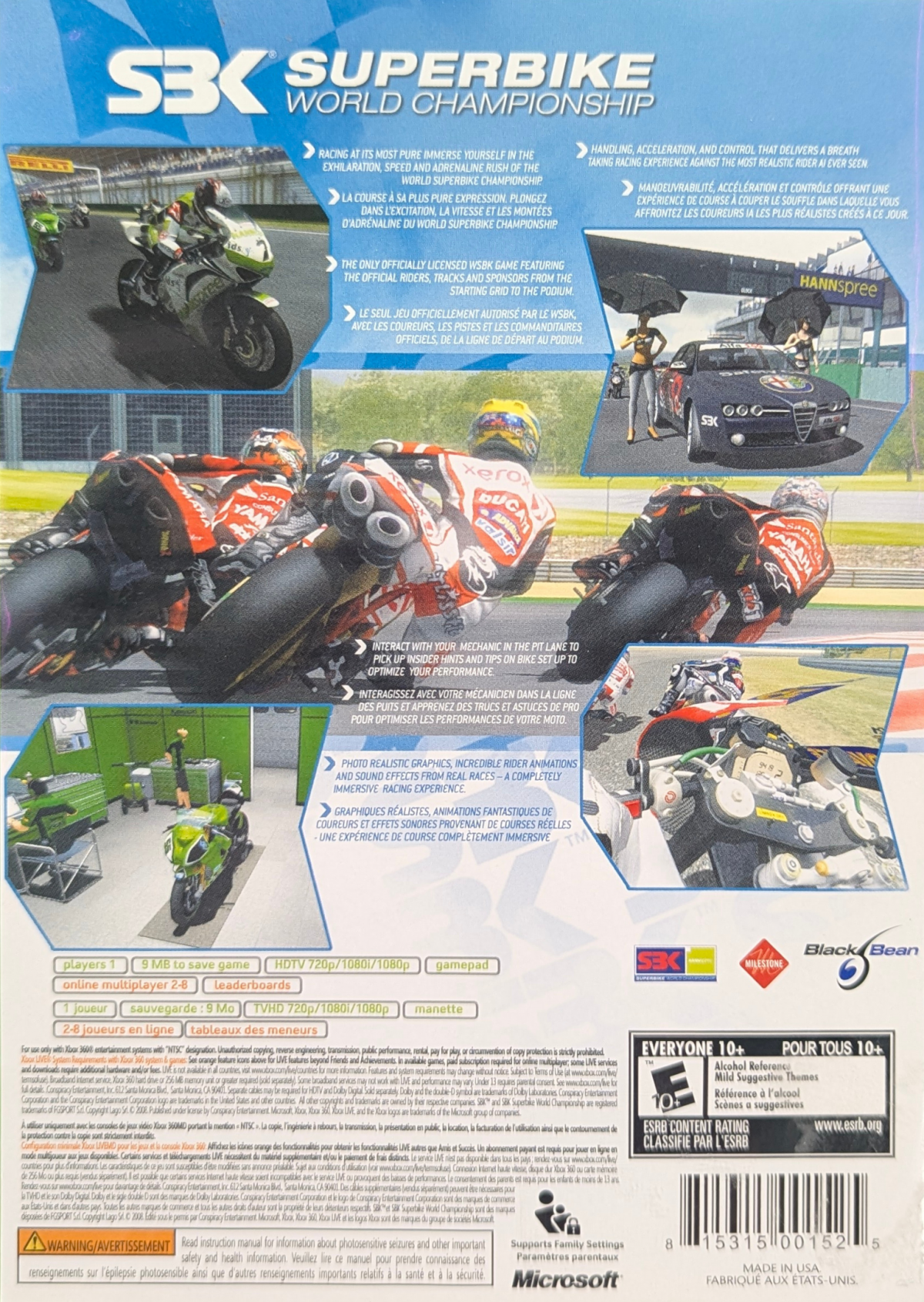 SBK: Superbike World Championship for Xbox 360 (X360) at Gamers INC, featuring authentic motorcycle racing action with licensed superbikes and tracks, realistic handling tuned for simulation-style play, and competitive season and quick-race modes that let you chase the podium in high-speed two‑wheel battles back cover