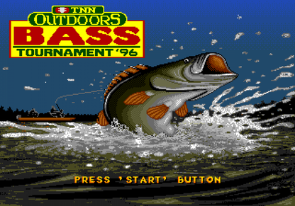 TNN Outdoors Bass Tournament 96 retro Sega Genesis video game featuring fishing tournament gameplay, competitive bass fishing challenges, sports simulation action and classic Genesis entertainment - title screen