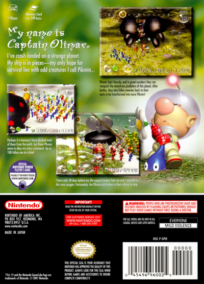 Pikmin back of case for Nintendo GameCube (GC) real-time strategy adventure video game