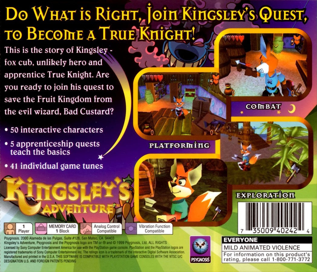 Kingsley’s Adventure retro fantasy action adventure platform game for PlayStation 1 (PS1) back of case