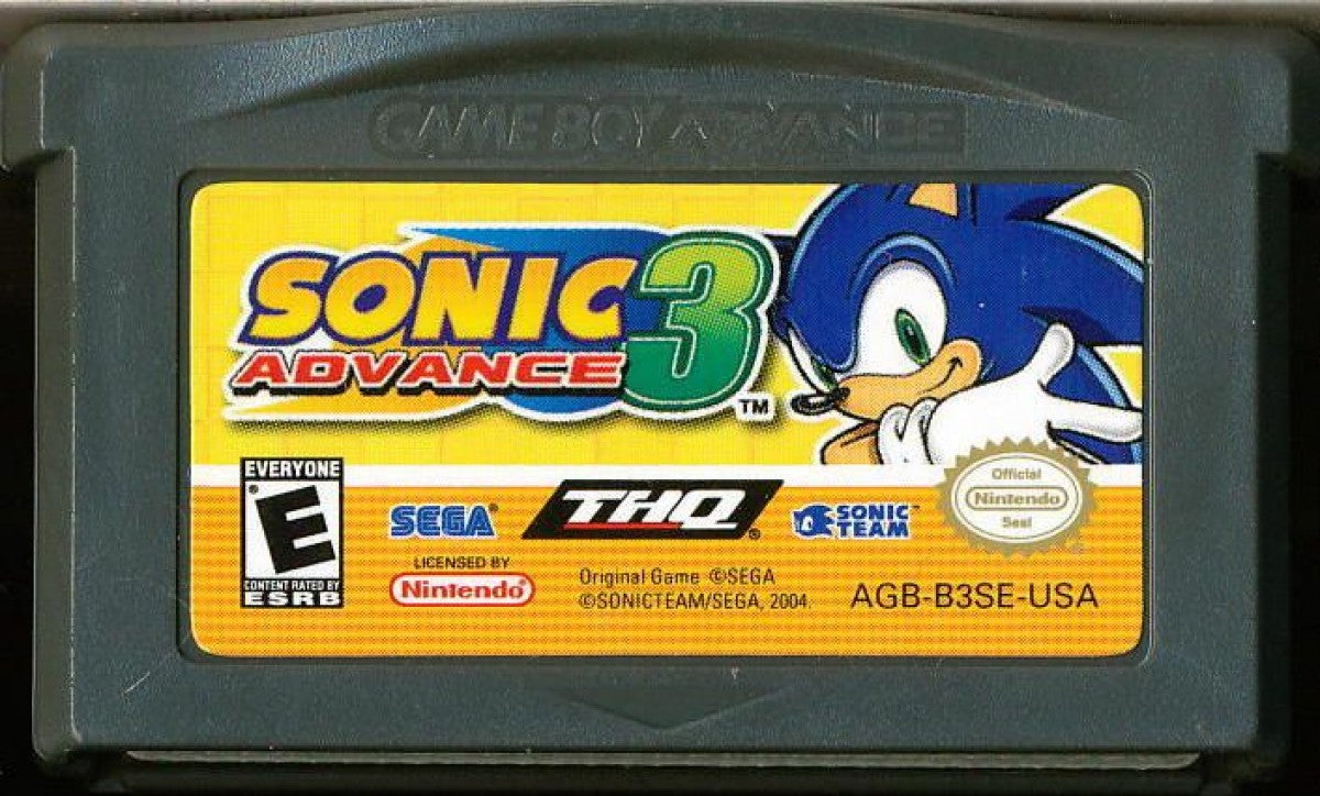 Sonic Advance 3 for Game Boy Advance (GBA), cartridge for a retro video game featuring fast-paced platforming gameplay, side-scrolling action, multiplayer co-op, collectible rings, and iconic character-based adventures