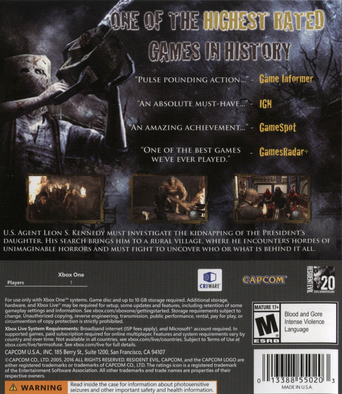 Resident Evil 4 Xbox One XONE for survival horror action video game fans featuring third person combat Leon Kennedy zombie and monster enemies intense gunplay village exploration puzzle solving weapon upgrades cinematic storytelling challenging boss battles and immersive horror adventure collectible gaming appeal back cover art