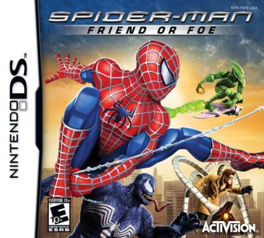 Spider-Man Friend or Foe for Nintendo DS (DS), cover image for a retro video game featuring action-adventure gameplay, beat-em-up combat, character-based missions, co-op mechanics, and superhero-themed battles