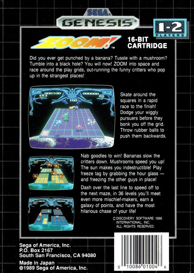 Zoom Sega Genesis GEN for retro video game enthusiasts featuring fast paced arcade action gameplay colorful maze style levels quick reflex challenges vibrant 16 bit graphics unique mascot adventure and collectible gaming appeal back cover