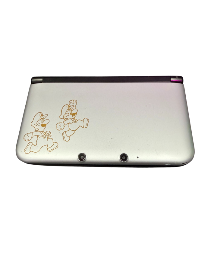 Nintendo 3DS XL Mario and Luigi Silver Edition console featuring exclusive metallic character design, dual screens, and portable handheld gaming experience top shell view