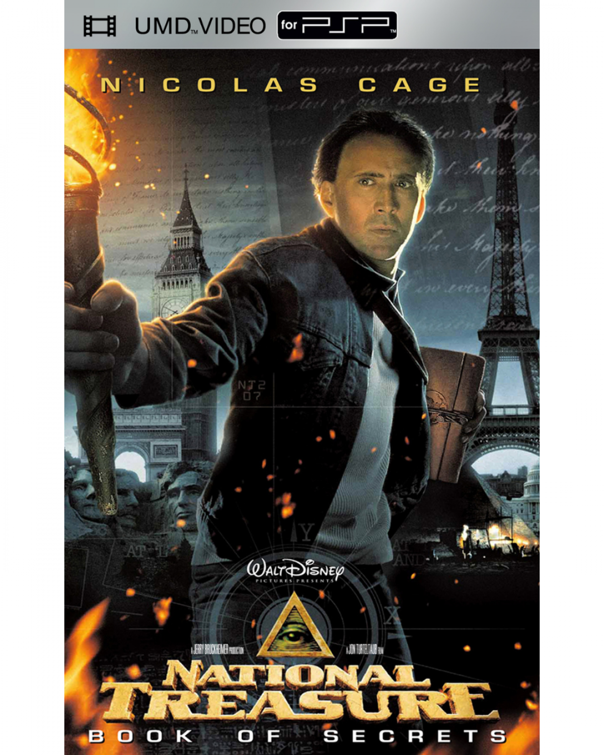 Retro National Treasure 2 PSP UMD movie inspired design featuring cinematic adventure thriller aesthetic vintage PlayStation Portable portable movie entertainment historical treasure hunting action Benjamin Gates mystery exploration nostalgic handheld media presentation front cover