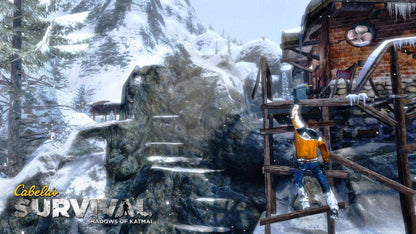 Cabela’s Survival Shadows of Katmai Xbox 360 cover art for retro video game enthusiasts featuring wilderness survival gameplay first person hunting mechanics harsh Alaskan environments resource gathering tracking wildlife dangerous encounters and immersive outdoor survival adventure experience and collectible gaming appeal gameplay
