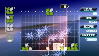 Retro Lumines II PlayStation Portable inspired design featuring music driven puzzle gameplay aesthetic vintage PSP neon visual effects rhythm based block matching electronic soundtrack immersive handheld gaming nostalgia stylish arcade puzzle presentation gameplay  