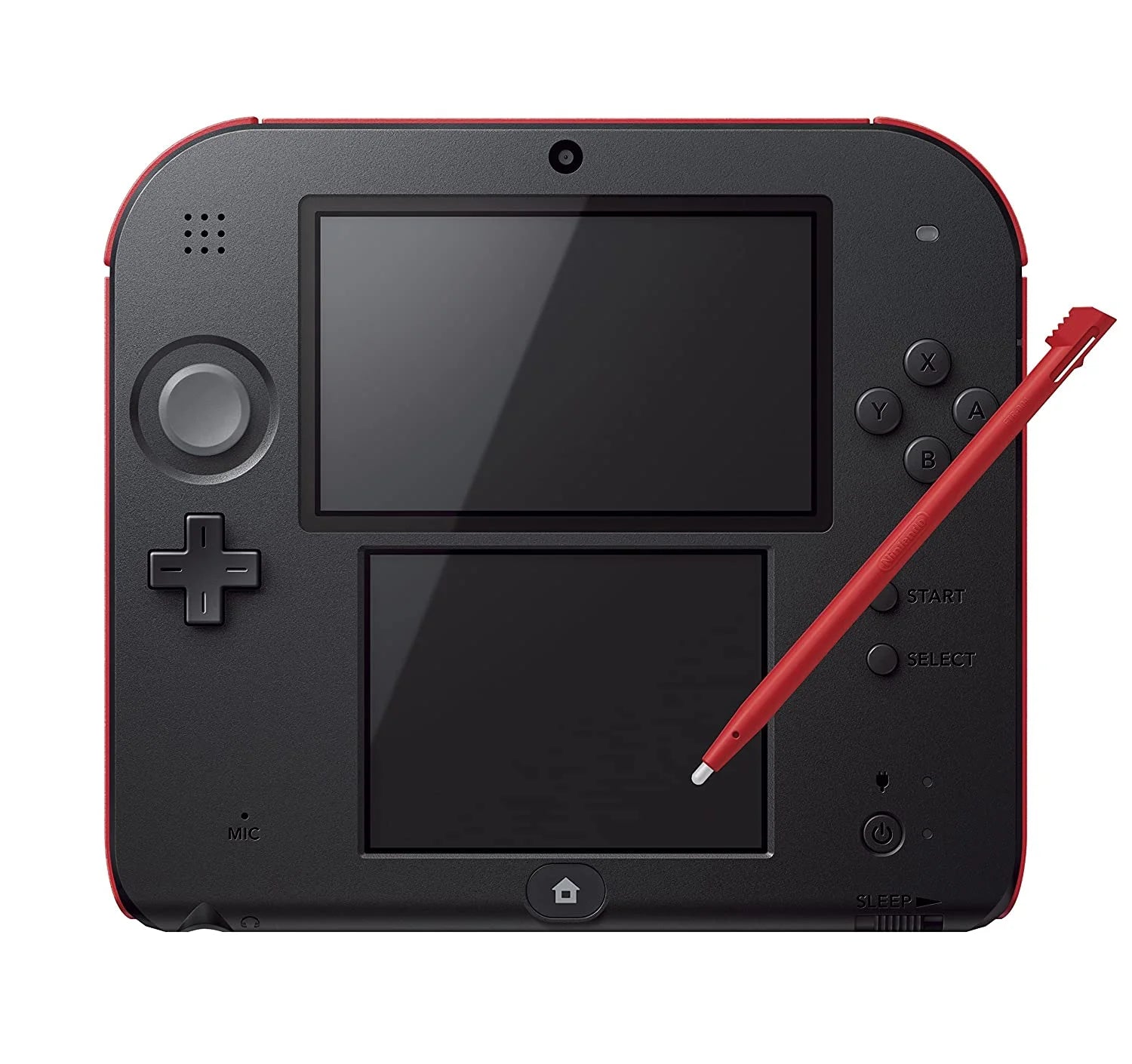Front view of a black and red Nintendo 2DS handheld console with the red stylus removed and positioned beside the console, showing the dual screens, control pad, and buttons.