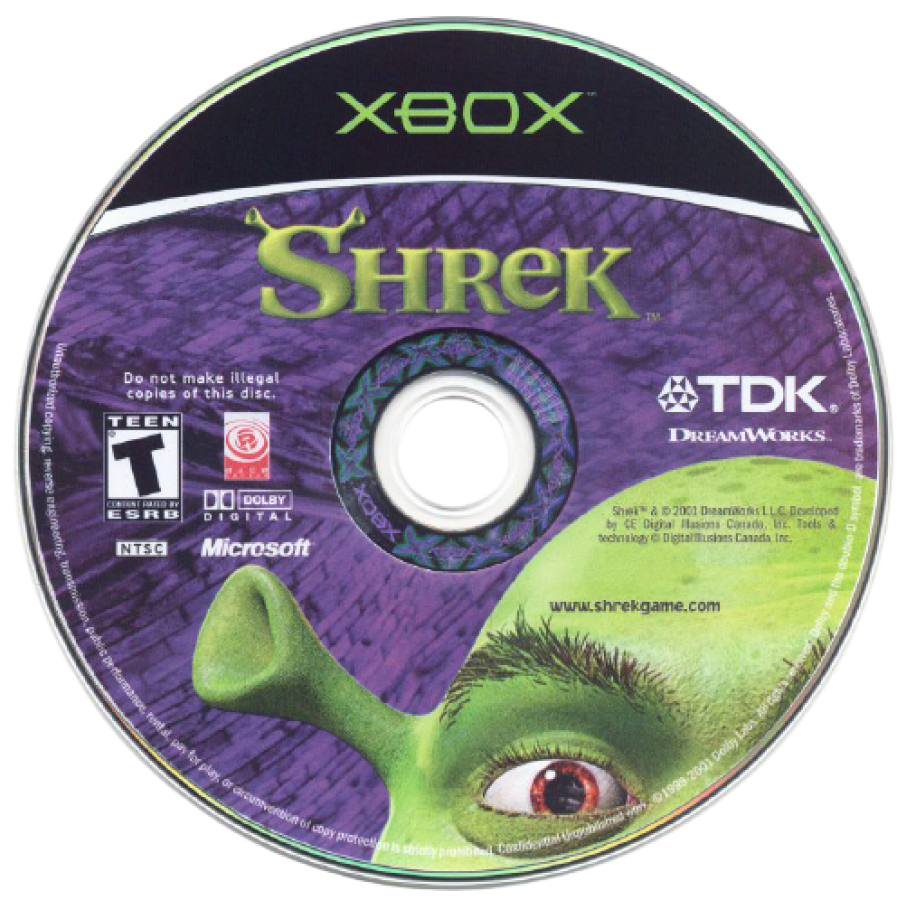 Shrek Xbox action adventure video game featuring Shrek the ogre exploring colorful environments battling enemies solving puzzles collecting items interacting with characters from the Shrek universe challenging levels and classic original Xbox gameplay collectible retro gaming appeal game disc