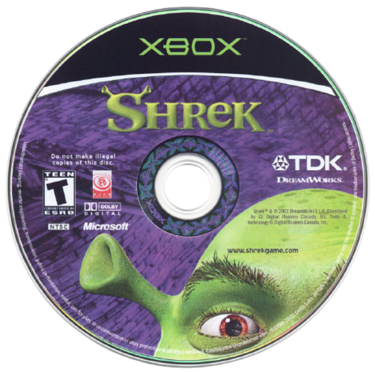 Shrek Xbox action adventure video game featuring Shrek the ogre exploring colorful environments battling enemies solving puzzles collecting items interacting with characters from the Shrek universe challenging levels and classic original Xbox gameplay collectible retro gaming appeal game disc