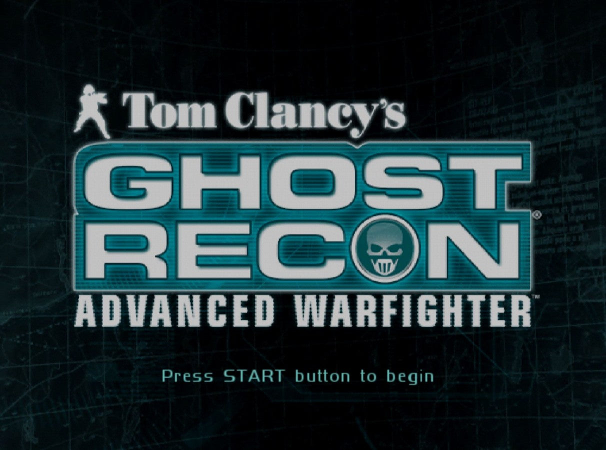 Tom Clancy's Ghost Recon: Advanced Warfighter for PlayStation 2 (PS2) featuring tactical third person shooting with squad commands and modern military gear in an urban combat campaign; plan your approach issue orders and complete objectives with Ghost Recon style realism on PS2 main menu title screen