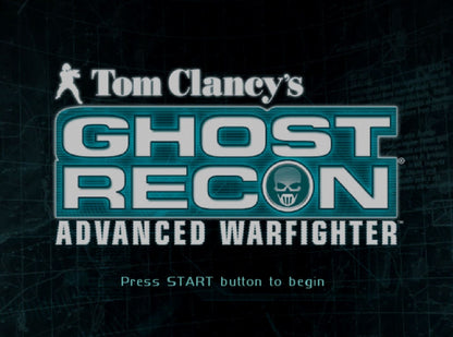 Tom Clancy's Ghost Recon: Advanced Warfighter for PlayStation 2 (PS2) featuring tactical third person shooting with squad commands and modern military gear in an urban combat campaign; plan your approach issue orders and complete objectives with Ghost Recon style realism on PS2 main menu title screen