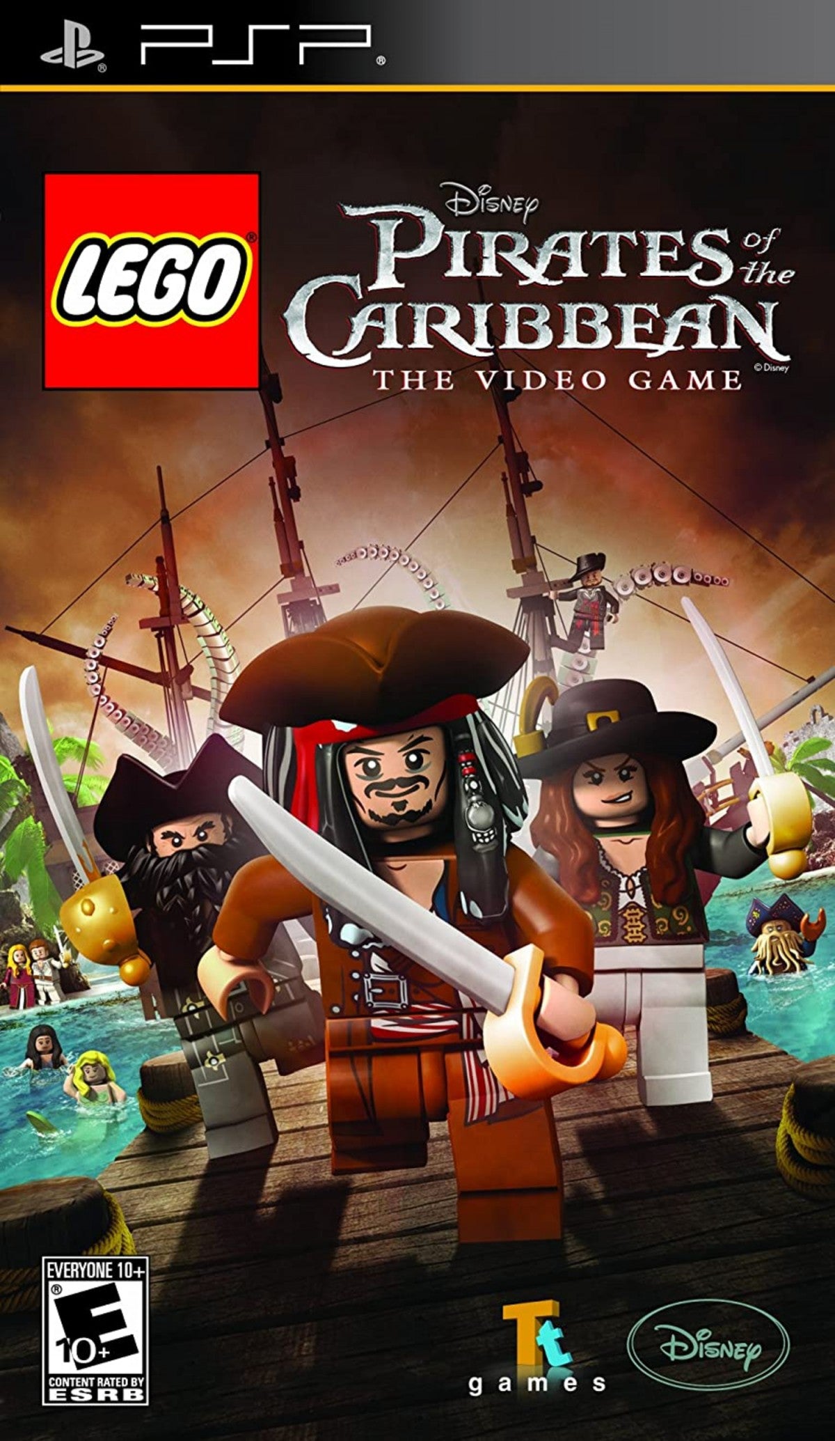 LEGO Pirates of the Caribbean The Video Game PlayStation Portable PSP inspired design featuring family friendly action adventure aesthetic LEGO styled pirate characters Caribbean exploration humorous storytelling puzzle solving cooperative inspired gameplay and swashbuckling movie based excitement presentation front cover