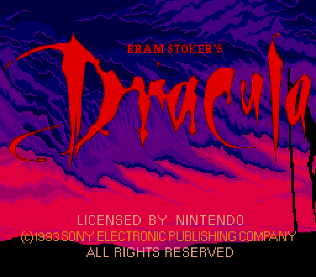 Bram Stokers Dracula retro SNES video game Bram Stokers Dracula horror action adventure gothic vampire combat platform gameplay movie based console title Super Nintendo release title screen