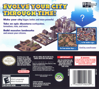 SimCity Creator back of case for Nintendo DS (DS) city-building simulation video game