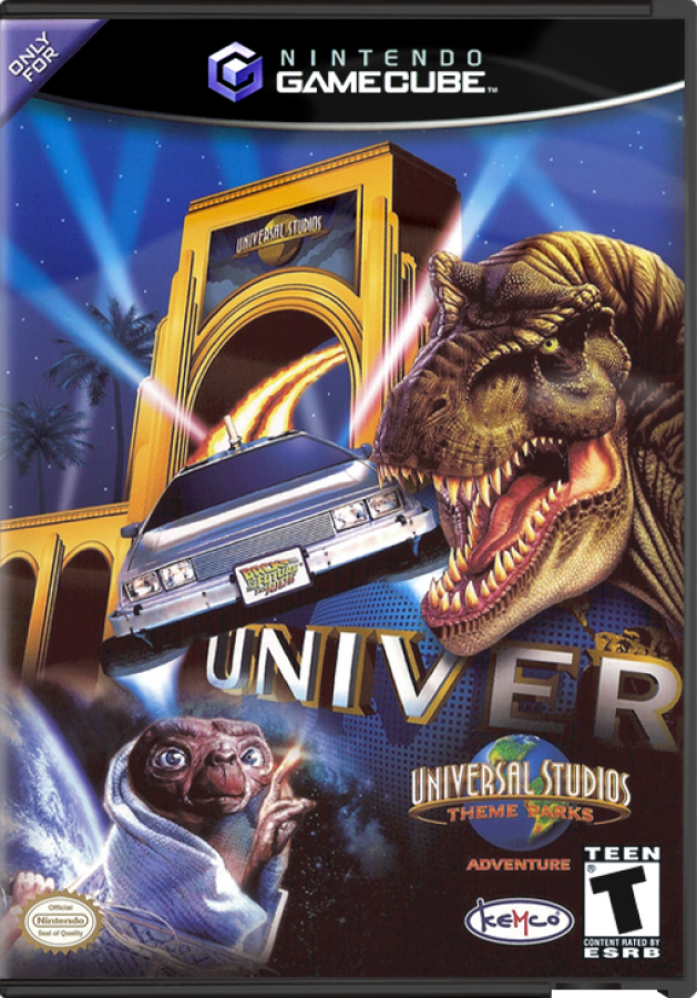 Universal Studios Theme Parks Adventure GameCube GC video game, adventure mini-games, theme park exploration, family-friendly, Nintendo GameCube title front cover