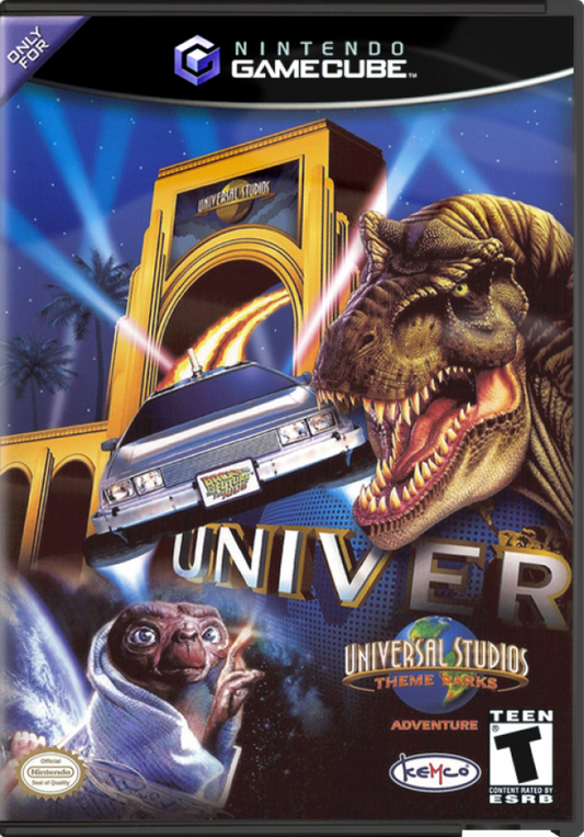 Universal Studios Theme Parks Adventure GameCube GC video game, adventure mini-games, theme park exploration, family-friendly, Nintendo GameCube title front cover