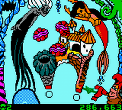 Disney’s The Little Mermaid II Pinball Frenzy for Game Boy Color, gameplay for a pinball video game with underwater-themed tables, arcade-style gameplay, score challenges, and Disney character visuals