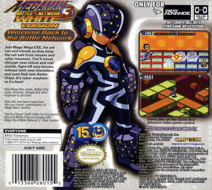 Mega Man Battle Network 3: White back cover art for Nintendo Game Boy Advance (GBA) adventure strategy video game.