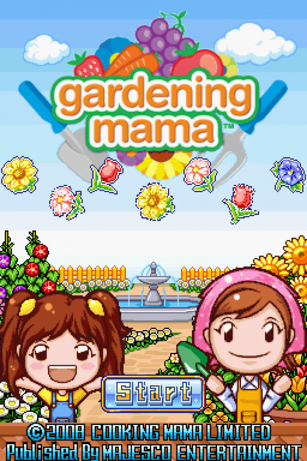 Gardening Mama for Nintendo DS, title screen for a simulation video game with gardening activities, planting mini-games, stylus-based gameplay, and casual family-friendly challenges