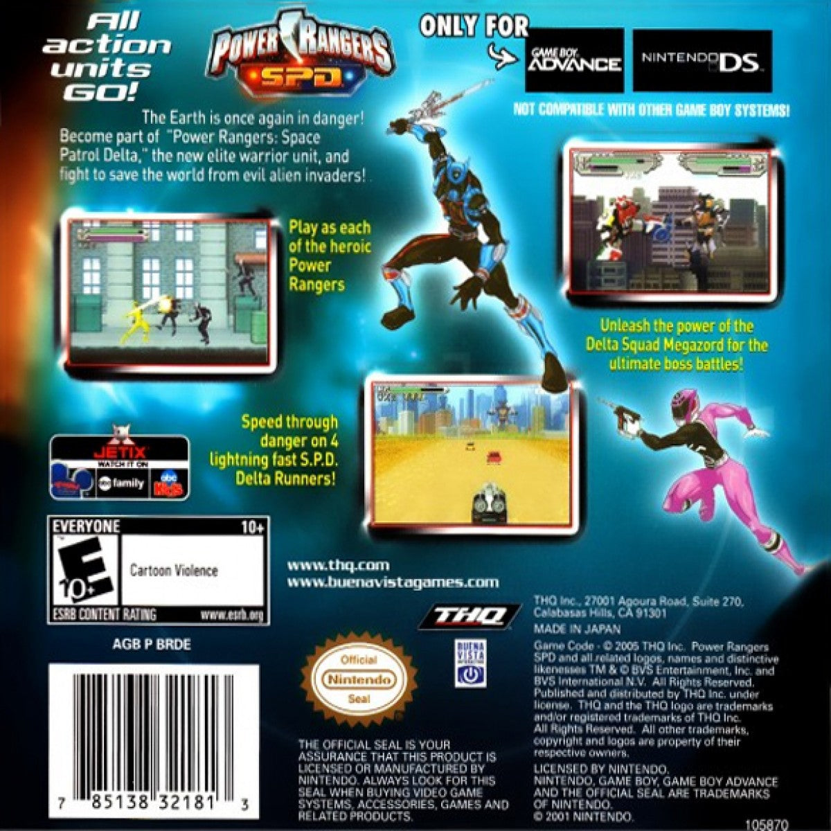 Power Rangers SPD for Game Boy Advance, back of case for an action platformer video game with side-scrolling combat, character abilities, mission-based gameplay, and team-based challenges
