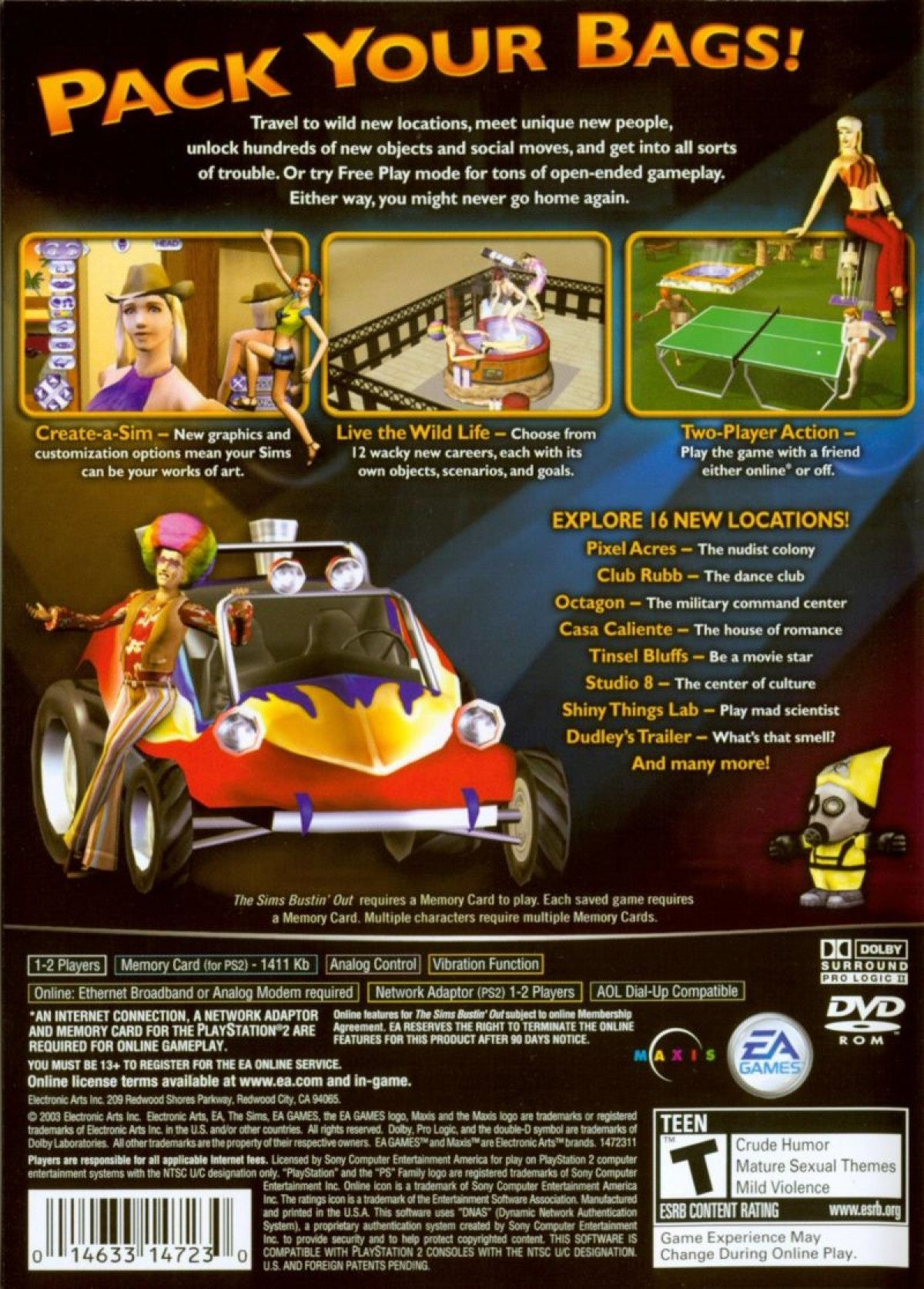 The Sims Bustin Out PS2 Sony PlayStation 2 life simulation game Sims series open world neighborhood exploration career mode character customization social interactions Maxis EA sandbox gameplay retro gaming PlayStation 2 software video game title back cover art