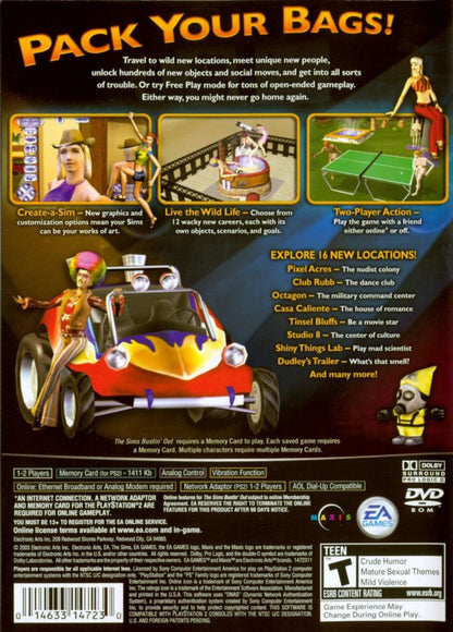 The Sims Bustin Out PS2 Sony PlayStation 2 life simulation game Sims series open world neighborhood exploration career mode character customization social interactions Maxis EA sandbox gameplay retro gaming PlayStation 2 software video game title back cover art