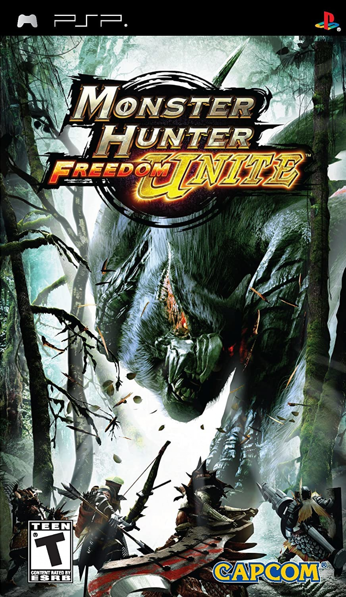 Monster Hunter Freedom Unite PlayStation Portable PSP video game, action RPG, cooperative monster hunting, expanded content edition, handheld console title front cover