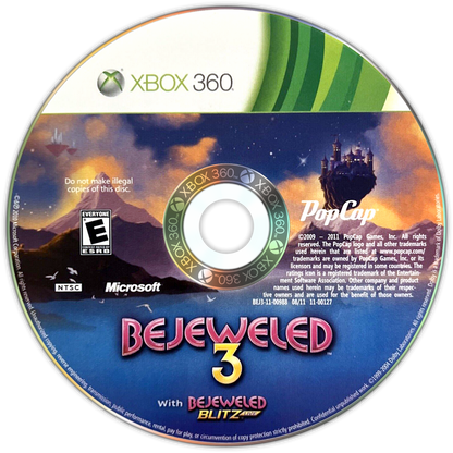 Bejeweled 3 Xbox 360 game featuring addictive puzzle-matching gameplay, colorful gem challenges, and casual arcade fun disc