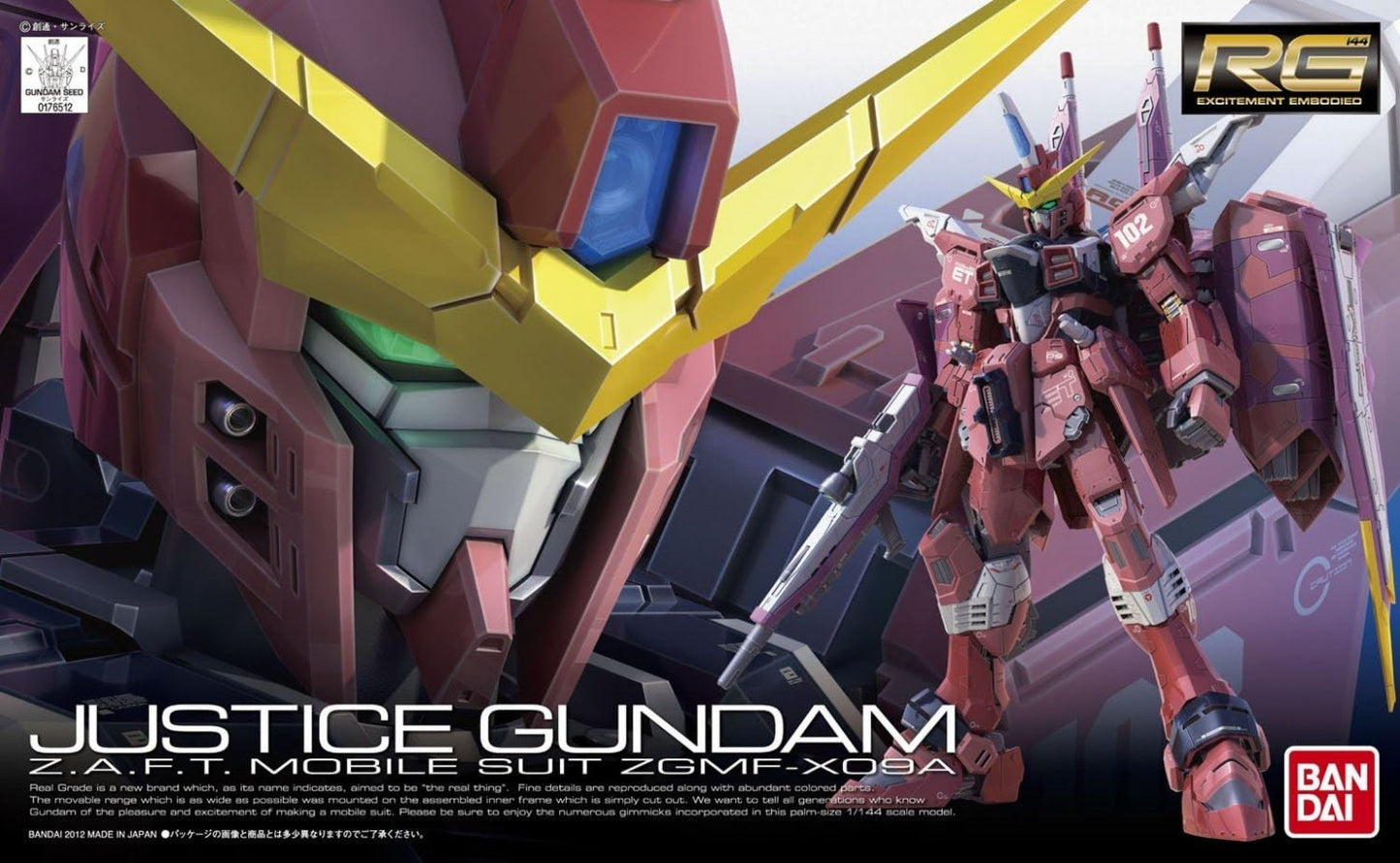 Gundam RG Justice Gundam Model Kit featuring Real Grade Gunpla construction highly detailed mechanical design articulated poseable model snap together assembly premium color separation display worthy craftsmanship and collectible anime model building appeal box