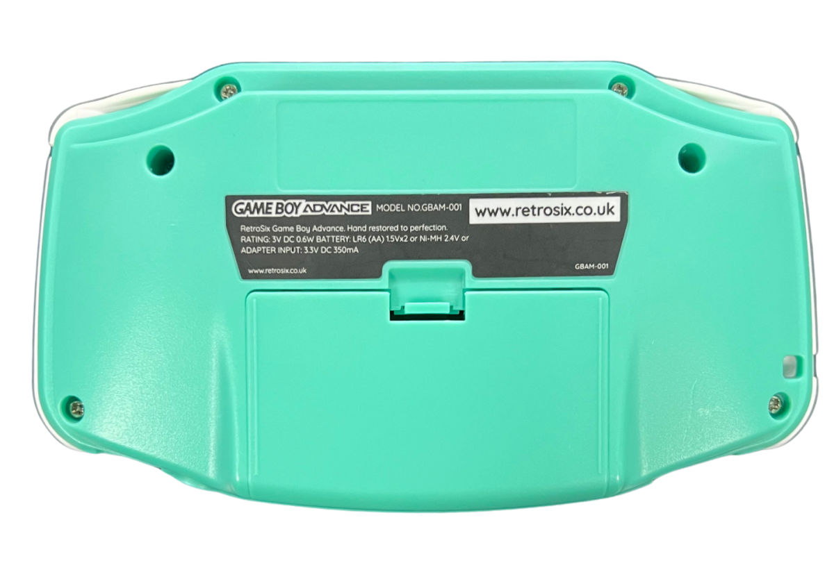 Game Boy Advance System GBA IPS Screen Custom Mint Green Shell Good Condition featuring a vibrant IPS display custom mint green housing classic handheld gaming design portable Game Boy Advance console and retro gaming collectible appeal back cover 