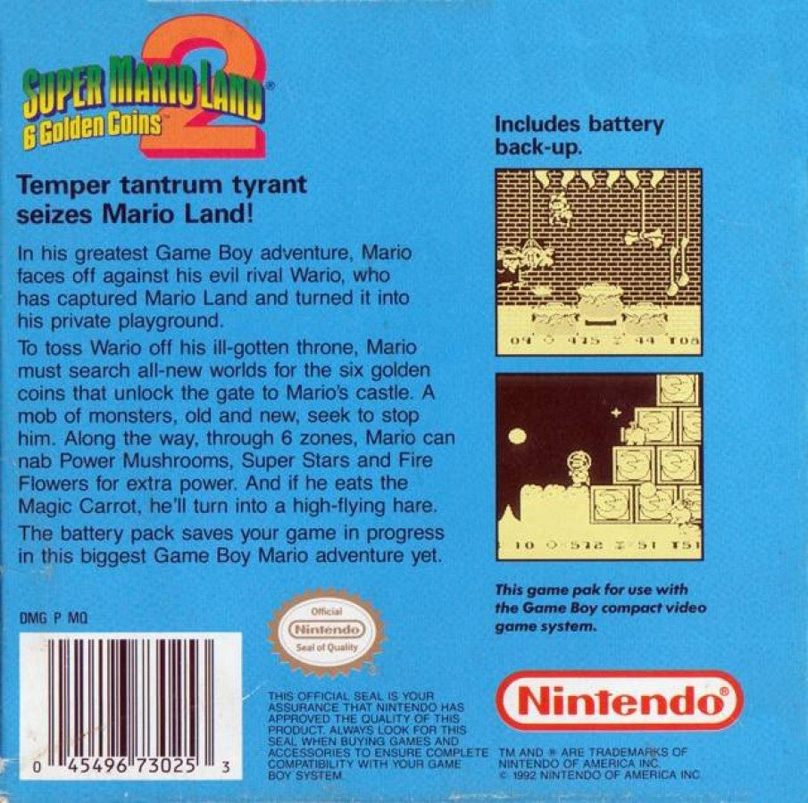 Super Mario Land 2 6 Golden Coins Game Boy GB for retro video game enthusiasts featuring classic side scrolling platforming gameplay Mario adventure imaginative worlds hidden secrets challenging levels iconic Nintendo action and collectible gaming appeal back cover