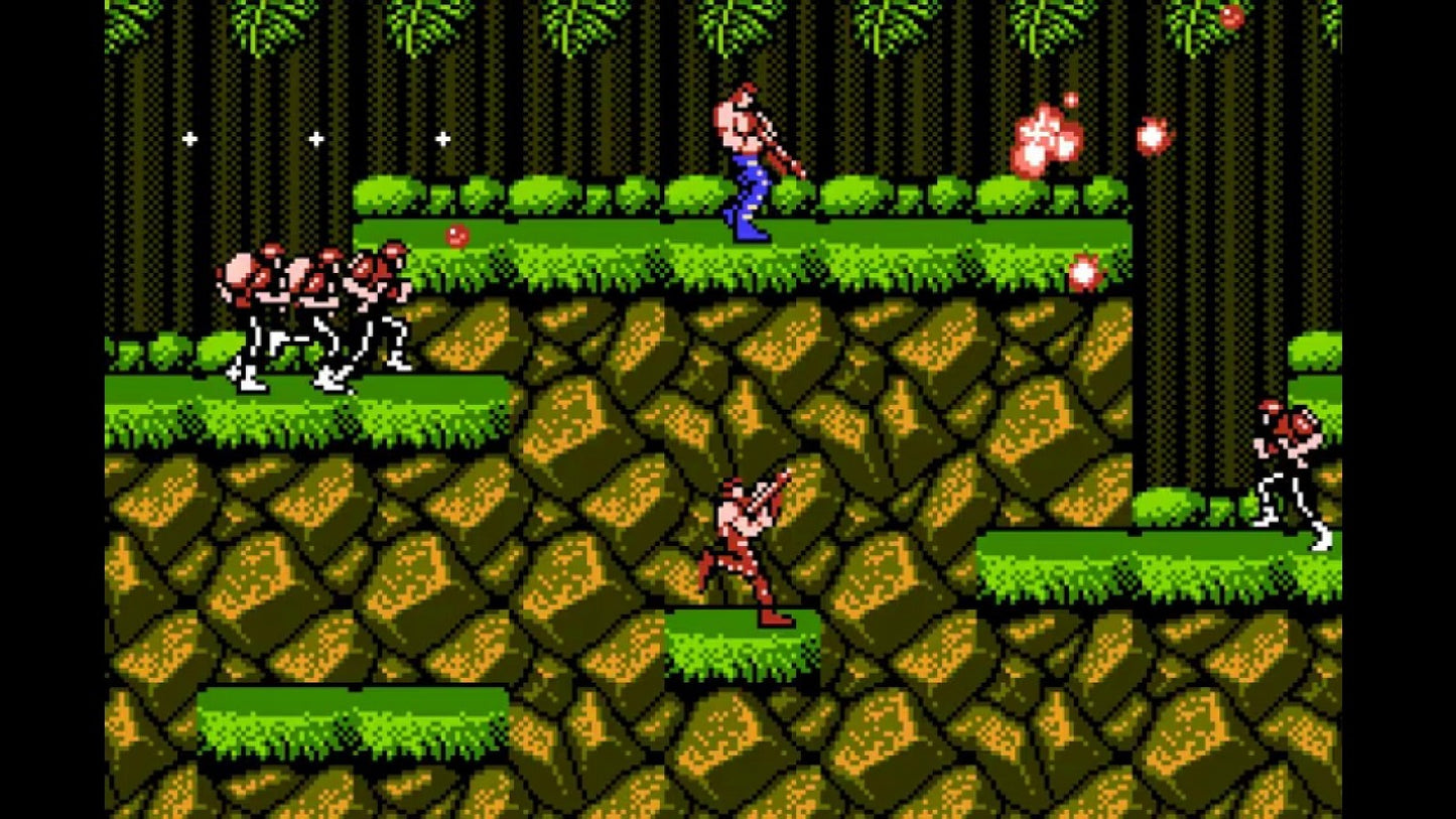 Contra cartridge for the Nintendo Entertainment System featuring fast paced 8 bit run and gun action with co op gameplay as commandos battling alien invaders across intense side scrolling stages gameplay