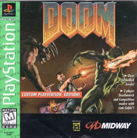 DOOM Greatest Hits PlayStation PS1 for first person shooter video game fans featuring fast paced demon slaying action intense sci fi horror environments powerful weapons classic campaign multiplayer deathmatch iconic id Software gameplay retro PlayStation collectible gaming appeal cover art