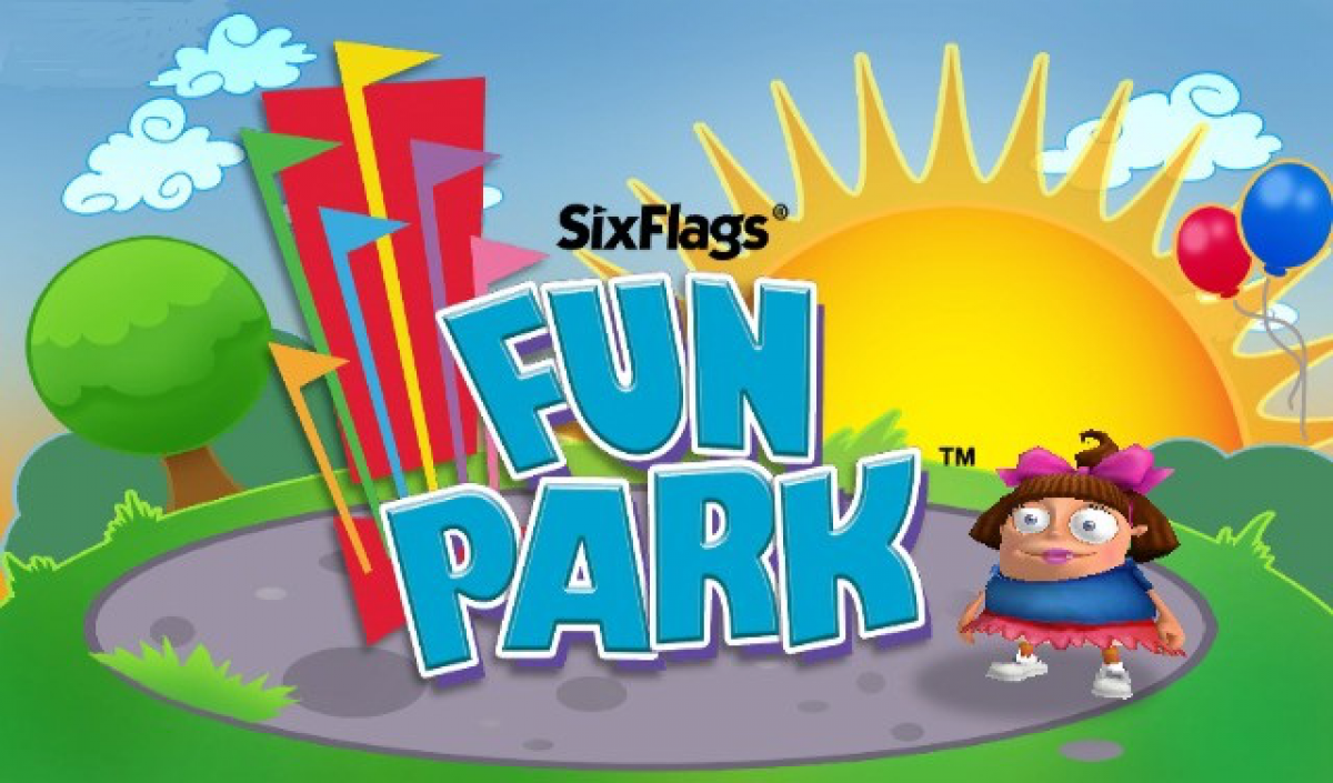 Six Flags Fun Park retro Nintendo Wii video game featuring amusement park mini games, family friendly multiplayer gameplay, carnival challenges and classic Wii entertainment - title screen