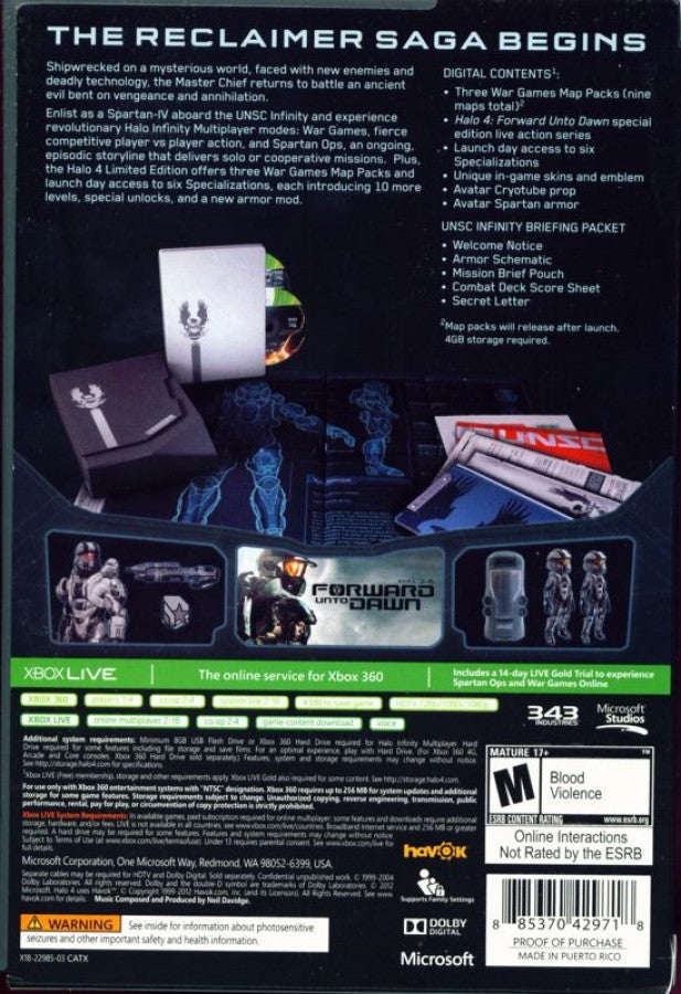 Halo 4 [Limited Edition] back of case for Xbox 360 (X360) sci-fi first-person shooter video game