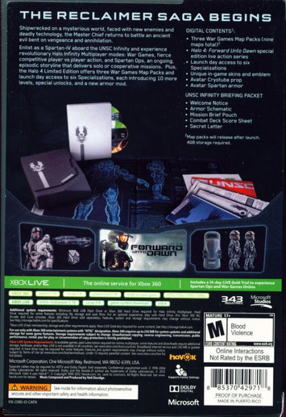 Halo 4 [Limited Edition] back of case for Xbox 360 (X360) sci-fi first-person shooter video game