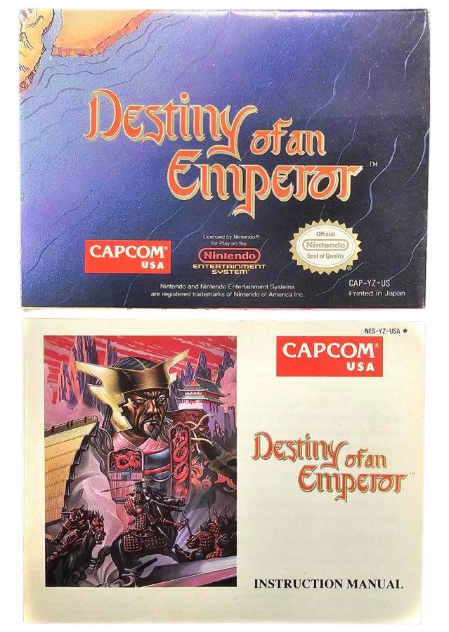 Destiny of an Emperor Nintendo Entertainment System NES video game Complete In Box CIB featuring strategy role playing gameplay ancient China adventure historical warfare character recruitment army management tactical battles and classic 8 bit Nintendo gameplay retro video game collection collectible gaming appeal inserts