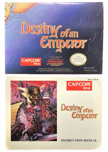 Destiny of an Emperor Nintendo Entertainment System NES video game Complete In Box CIB featuring strategy role playing gameplay ancient China adventure historical warfare character recruitment army management tactical battles and classic 8 bit Nintendo gameplay retro video game collection collectible gaming appeal inserts