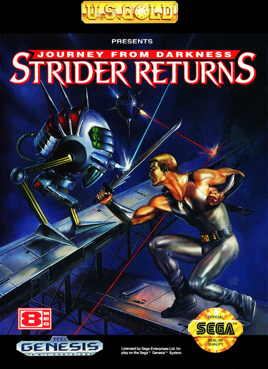 Strider Returns Sega Genesis retro video game action platformer cover art (1990)