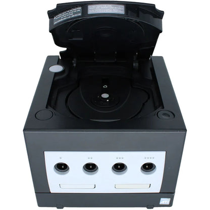Front view of a black Nintendo GameCube console with the disc cover open, showing the game disc compartment above the controller ports.