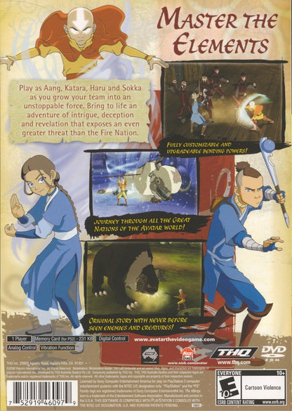 Avatar The Last Airbender PlayStation 2 action-adventure video game Aang Katara Sokka bending water earth fire air platforming combat elemental puzzles Nickelodeon cartoon license back cover