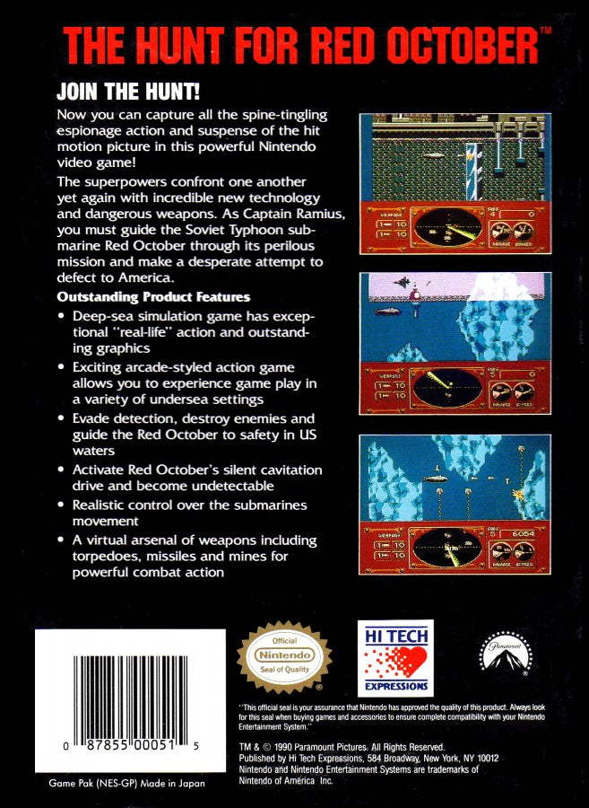 Hunt for Red October Nintendo Entertainment System NES video game featuring submarine action gameplay naval combat underwater missions strategic navigation torpedo attacks enemy submarines stealth operations ocean environments and classic 8 bit Nintendo gameplay retro video game collection collectible gaming appeal back cover art